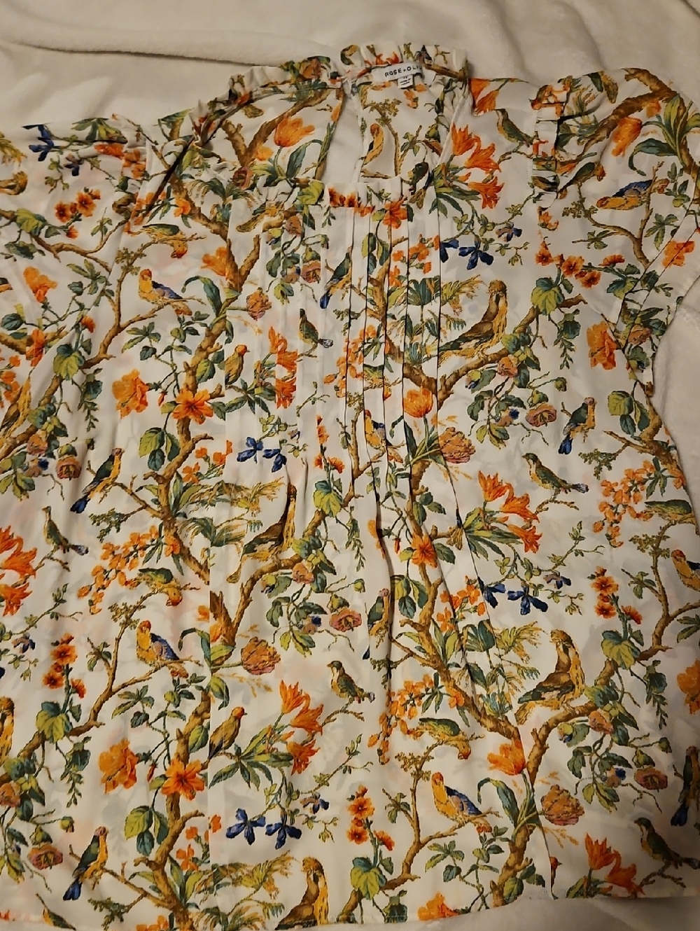 Rose & Olive White Short-Sleeve Button-Down with Orange, Green & Blue Bird Print